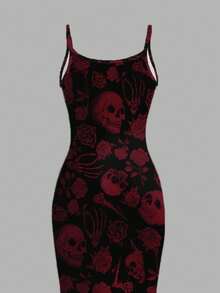 SHEIN EZwear Women's Skull & Rose Bodycon Slip Midi Dress,Black,Summer,Goth,Birthday Party,Party Night,Halloween Day Of The Dead Y2K Grunge Punk Gothic Clothing - Red and Black - View 5