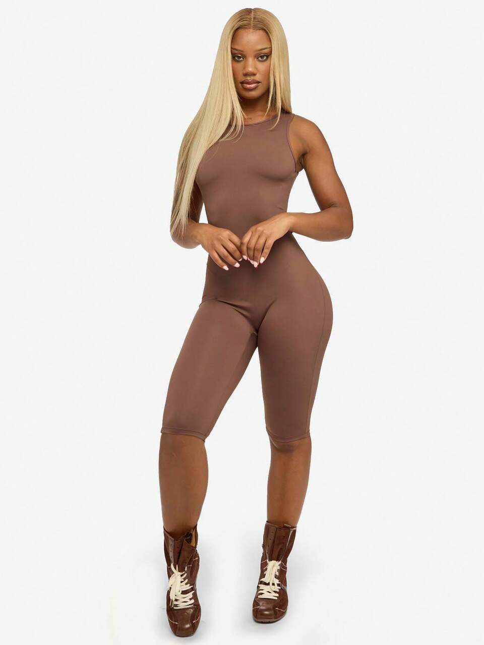 SUMWON Capri Length Sleeveless Unitard Modern Bodysuit One Piece Jumpsuit Form Fitting Stretchy Ballet Performance Evening Wear