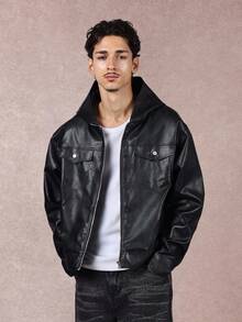 SUMWON Crop Fit Premium Faux Leather Jacket With Hood Classic Trucker Style Winter Fall Outerwear Casual Streetwear Motorcycle Fashion Urban Zip Up - Black - View 1