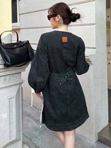 K-Vae 女士秋冬黑色V领裹身长袖牛仔短裙可调节腰带韩版风格圣诞节万圣节服装别致秋季 - 深灰色 - 查看 3