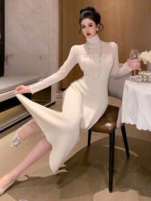 DAZY 女式高领修身毛衣裙，秋冬款 - 米色 - 查看 3