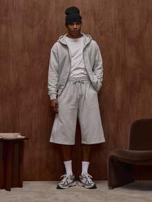 Musero 男士长款针织基础款优质短裤，弹性宽抽绳腰带，适合秋冬/春夏穿着 - 灰色 - 查看 1