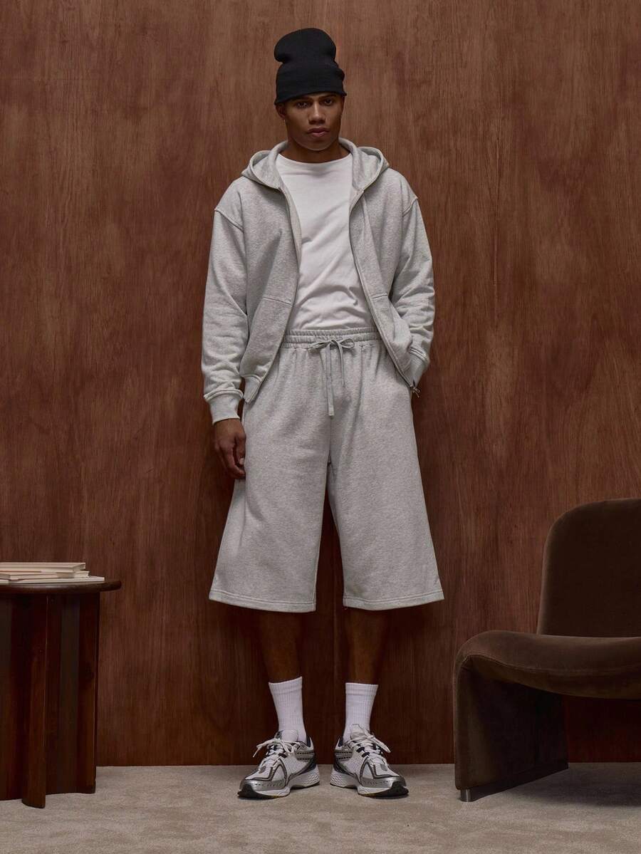 Musero 男士长款针织基础款优质短裤，弹性宽抽绳腰带，适合秋冬/春夏穿着 - 灰色 - 查看 1