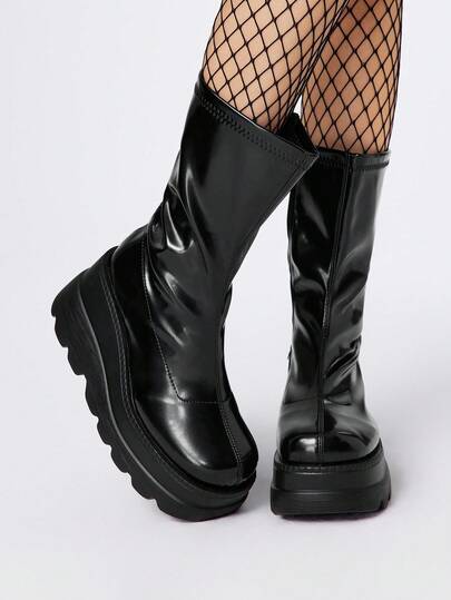 Goth Women's 2024 Autumn/Winter New Round Toe Black Punk Platform Slip-On Ankle Boots