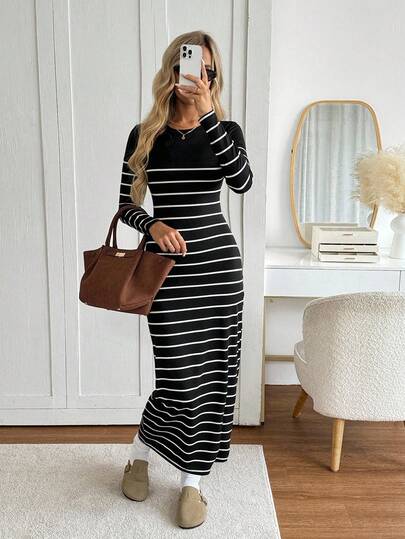Easowa Vestido de manga larga ajustado a la cintura con cuello redondo a rayas, estilo vintage casual y relajado para mujeres