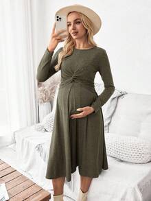 SHEIN 孕妇和哺乳期纯色圆领落肩长袖扭结休闲中长连衣裙