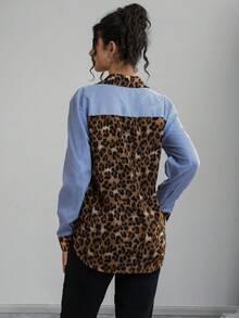 Momance Chemise de maternité à manches longues, col chemise, fermeture à boutons devant, patchwork léopard et rayé