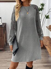 EMERY ROSE Women's Casual Loose Fit Round Neck Long Sleeve Dress,Fall - Grey - View 3