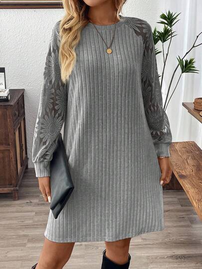 EMERY ROSE Women's Casual Loose Fit Round Neck Long Sleeve Dress,Fall