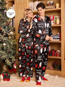 CoupledUp 圣诞老人印花仿丝绸男士睡衣套装，秋冬服装，圣诞节 - 黑色 - 查看 3