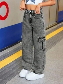 SHEIN 少女休闲宽松牛仔裤，带翻盖口袋和撞色缝线细节，直筒工装裤，适合春夏秋冬穿着。 - 黑色 - 查看 4