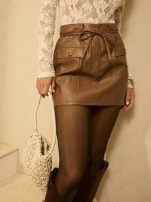 Aralina Women's Autumn/Winter Casual Boho PU High Waisted Mini Skirt With Tie Front Detail And Cute Pocket Details Perfect For Going Out Outfits And Date Night Outfits And Country Concert Outfits - Brown - View 7