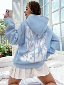SHEIN MOOSTA Slogan Graphic Drop Shoulder Drawstring Thermal Lined Hoodie LOVE YOURSELF,Long Sleeve Tops Graduation,Back To School Outfits,Graduation,Teacher Outfits For Women,Back To School Pullover Fall Outfit - Baby Blue - View 6