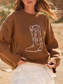 WESTFADE 牛仔女牛仔西部靴圆领长袖宽松针织毛衣休闲可爱秋季西部风波西米亚风 - 棕色 - 查看 6