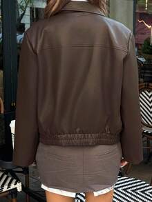 DAZY 女士秋季PU皮革拉链休闲轻便夹克 Y2k - 咖啡棕 - 查看 2