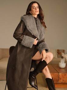 Anewsta Women's Leather Jacket With Fur Collar And Sleeves, Belted Design, Minimalist Long Style - Brown - View 7
