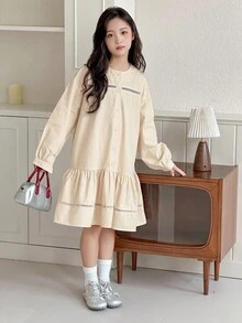 DAZY Tween Girls Round Neck Long Sleeve Woven Dress - Beige - View 3