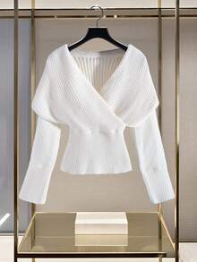 Modelyn Korean Style V-Neck Wrap Around Dropped Shoulder Pullover Sweater