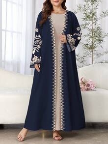 SHEIN Najma 大码女式花卉复古印花长袖休闲阿拉伯长袍，适合春秋季节