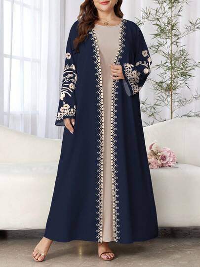 SHEIN Najma Áo choàng Abaya Ả Rập họa tiết hoa cổ điển cỡ lớn dành cho nữ tay dài, thường ngày, phù hợp cho mùa xuân và mùa thu