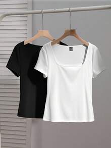 SHEIN EZwear 2 件女式方领短袖休闲修身性感 T 恤，适合秋冬造型，街头时尚，别致 - 彩色 - 查看 8