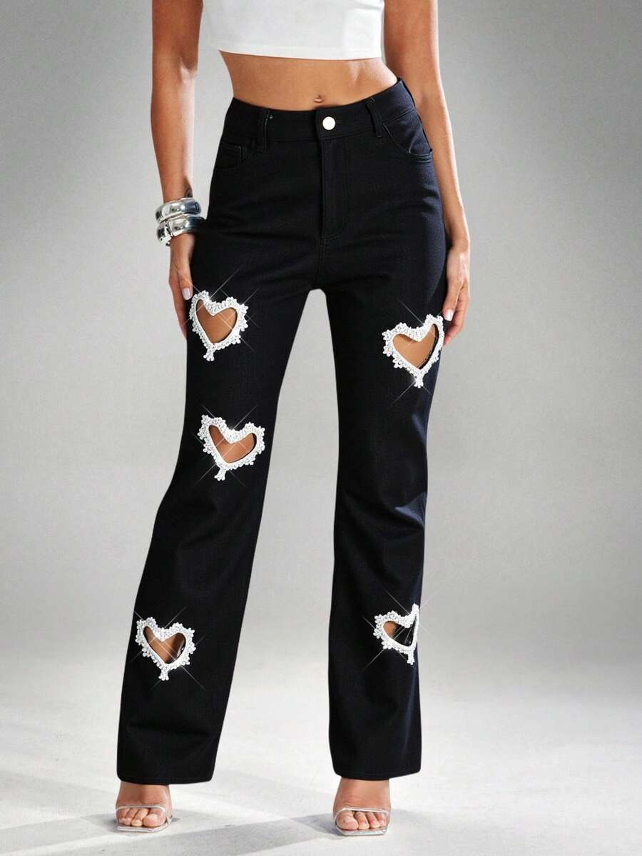 Denimoi Quần jean denim ống đứng cạp cao cắt đá hình trái tim - màu đen - Xem 1
