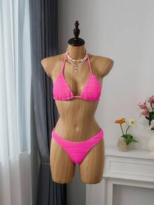 Bellisia Summer Beach Solid Halter Triangle Bikini Set - Hot Pink - View 1