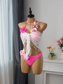 Bellisia Summer Beach Solid Halter Triangle Bikini Set - Hot Pink - View 5