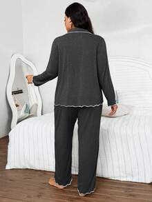 SHEIN Plus Size Women's Dark Grey Super Soft Draped Thin Knit Fabric Collared Open Front Ruffle Trim Long Sleeve Top & Pants, Casual Loose Fit Outerwear 2 Pieces Set, Fall Winter Clothes, Cozy Outfit