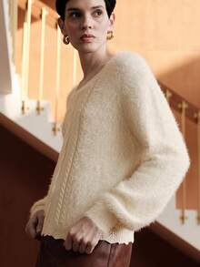 Uhlyne Vintage French Chic Versatile Casual Loose Apricot Crew Neck Faux Fur Texture Twist Rope Knit Sweater, Suitable For Autumn/Winter, Back To School, Party, Earth Tone For Women - Apricot - View 4