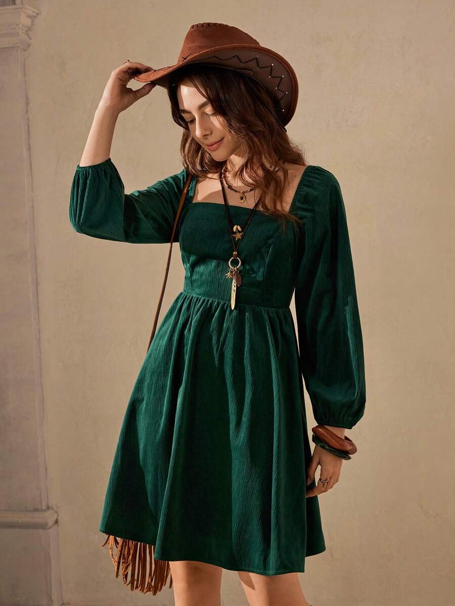 Wildy Fall Dress Long Sleeve Women's Casual Vintage Solid Color Mini Dress Dark Green Dress Square Neck Dress Lantern Sleeve Dress Corduroy Dress Forest Green Dress Graduation Dress For Women Winter Dresses For Women Elegant Dress - Dark Green - View 1