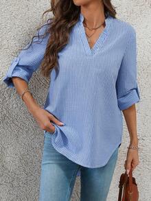 EMERY ROSE 女式休闲/工作条纹卷袖缺口领衬衫 - 寶藍色 - 查看 6