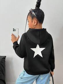 SHEIN 少女白色星星印花宽松插肩袖黑色卫衣，适合女孩冬季、秋季和休闲穿着，运动风、秋冬季日常休闲及上学穿着皆宜，保暖内衬。 - 黑色 - 查看 6