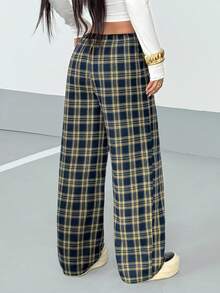 SHEIN PETITE Women's Plaid Drawstring Waist Straight Leg Pants, Autumn - Navy Blue - View 2