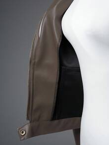 Bloopia Retro American Mirage Chic PU Leather Jacket For Women,High Neck Cropped Autumn Jacket,All Shades Of Brown Night Out Halloween Minimalist - Brown - View 10