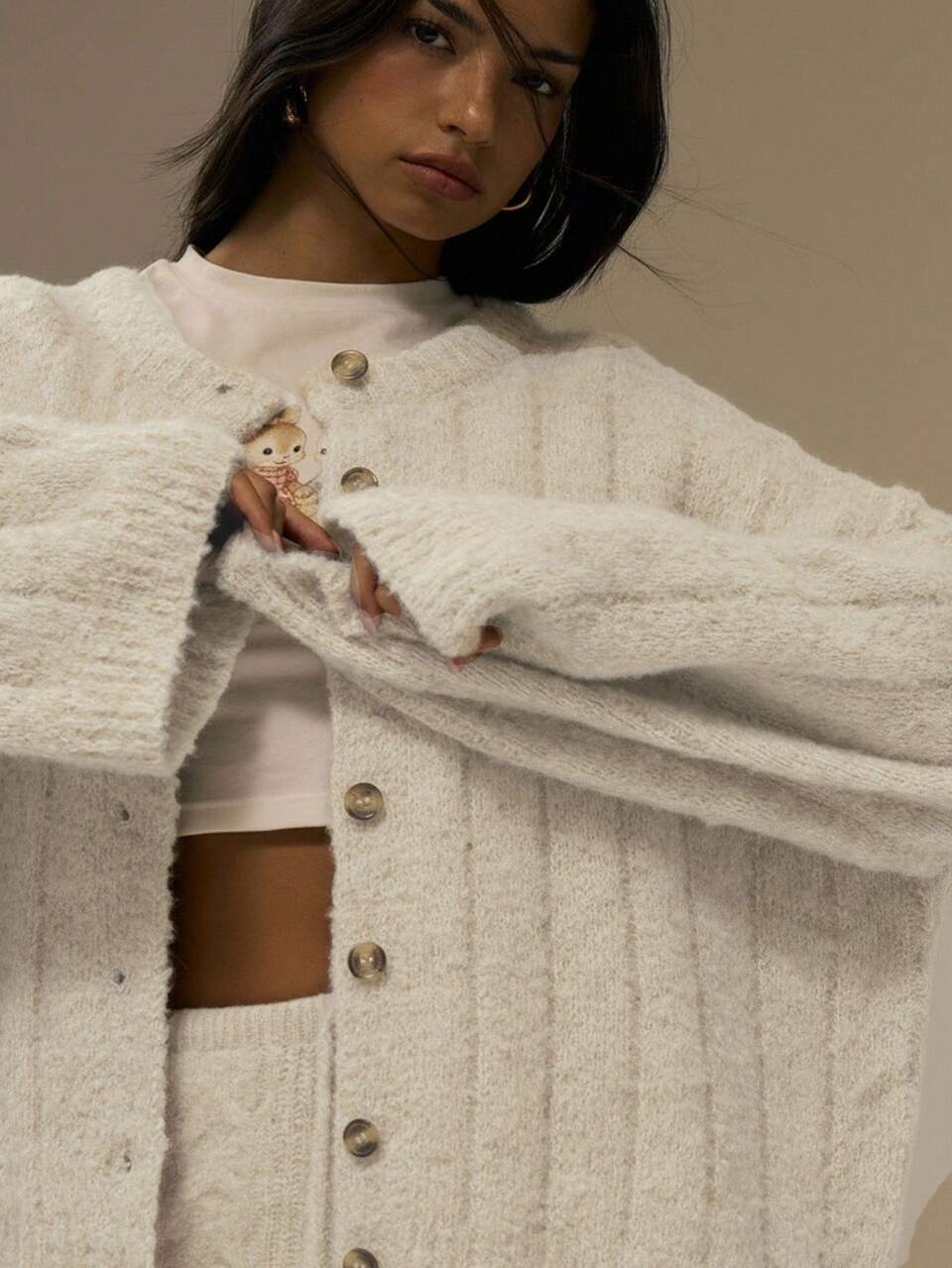 Cream Flecked Knit Oversized Drop Shoulder Button Down Cardigan