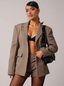 Radiana Women's Retro Chic Commuter Brown Plaid Wool Suit Set, Includes Fitted Blazer Jacket + Low-Waist Shorts (With Shoulder Pads), 2pcs In Fall/Winter - Brown - View 2