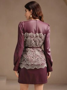 Anewsta Women's Elegant Christmas & Everyday Wear Wine Red Embroidered Hollow-Out Long Sleeve Round Neck Belted Short Dress, Premium Autumn/Winter New Arrival - Burgundy - View 3