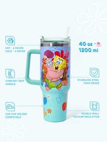 SpongeBob SquarePants | SHEIN 40 Oz / 1000 Ml Cartoon Pattern Gradient Stainless Steel Insulated Cup With Handle And Straw