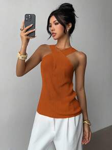 Elenzga Cross-Neck Minimalist Niche Design Casual Knit Top - Orange - View 4
