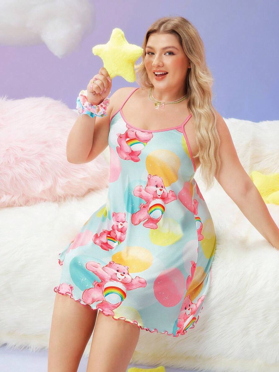 SweetSlumber X Carebears 加大码可爱卡通熊图案吊带睡裙 - 彩色 - 查看 1