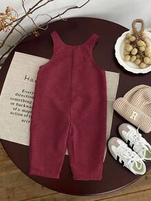 SHEIN Casual Sports Cute & Dropped Shoulder Loose Baggy Pocket Bib Overall Pants, Suitable For Baby Boys & Girls, Autumn/Winter - Burgundy - View 4