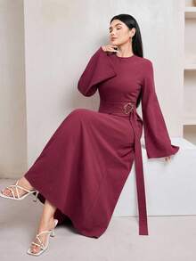 Veilorie 系带收腰装饰纽扣棉麻舒适复古日常休闲长袖连衣裙，秋季 - 酒紅色 - 查看 2