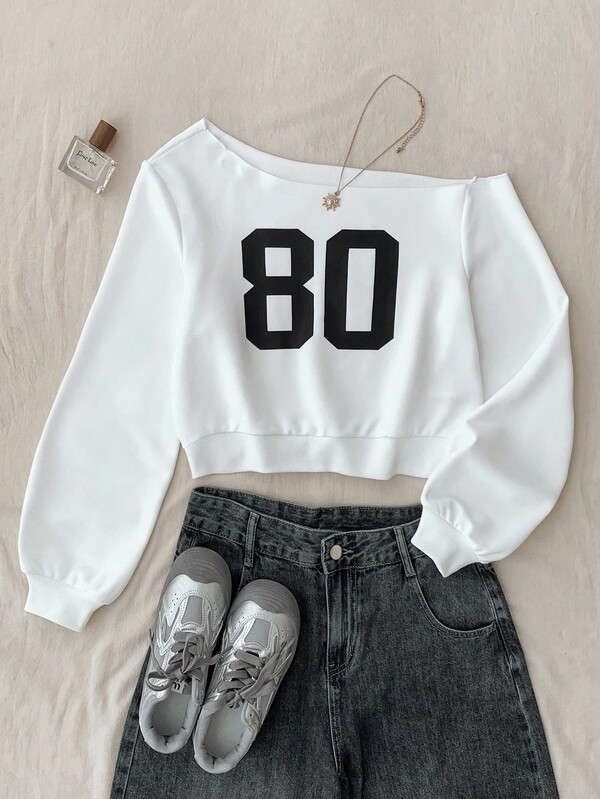 SHEIN 少女休闲白色针织标语不对称领口印花长袖修身上衣，清凉、基本款、百搭、运动时尚夏季上衣，重返校园，90 年代少女审美服装，90 年代少女审美服装，秋冬少女上衣