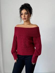 Elenzga Damen lässiger, weiter einfarbiger Pullover, Off-Shoulder, Langarm - Rot - Übersicht 6