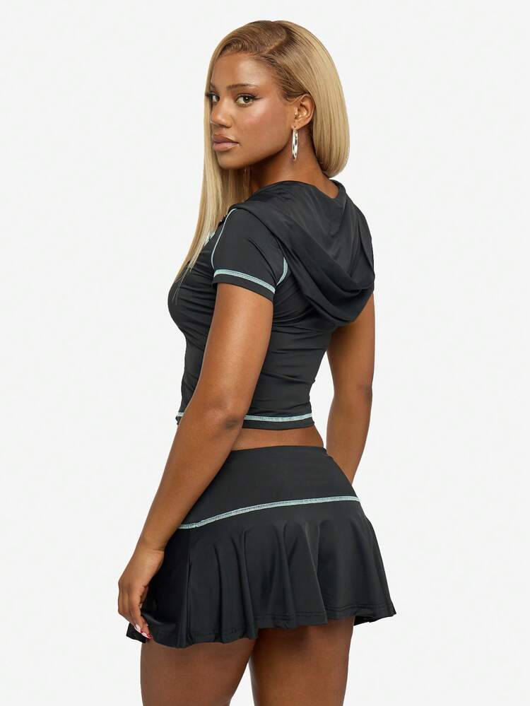 SUMWON WOMEN Fitted Zip Through Short Sleeve Hoodie