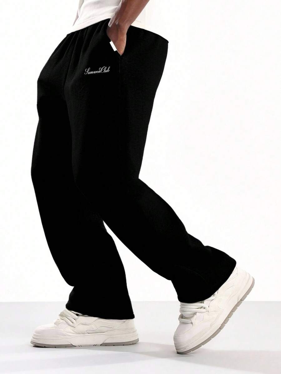 SUMWON Club 经典阔腿运动裤 高品质休闲裤 天鹅绒面料 宽松版型 家居服 秋冬街头风下装 纯色 - 黑色 - 查看 1