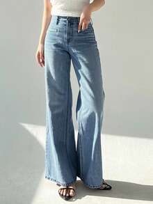 DAZY 女士水洗浅色长款牛仔裤，四季皆宜 - 深色水洗藍 - 查看 4
