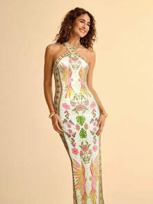 CAJUNI 女式波西米亚风格度假休闲植物与鸟类深色印花交叉领连衣裙 - 粉色 - 查看 1