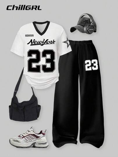 SHEIN Set de 2 piezas de estilo universitario informal para niña preadolescente, con parte superior de manga corta con cuello en V y estampado numérico, y pantalones anchos de deporte, estilo urbano